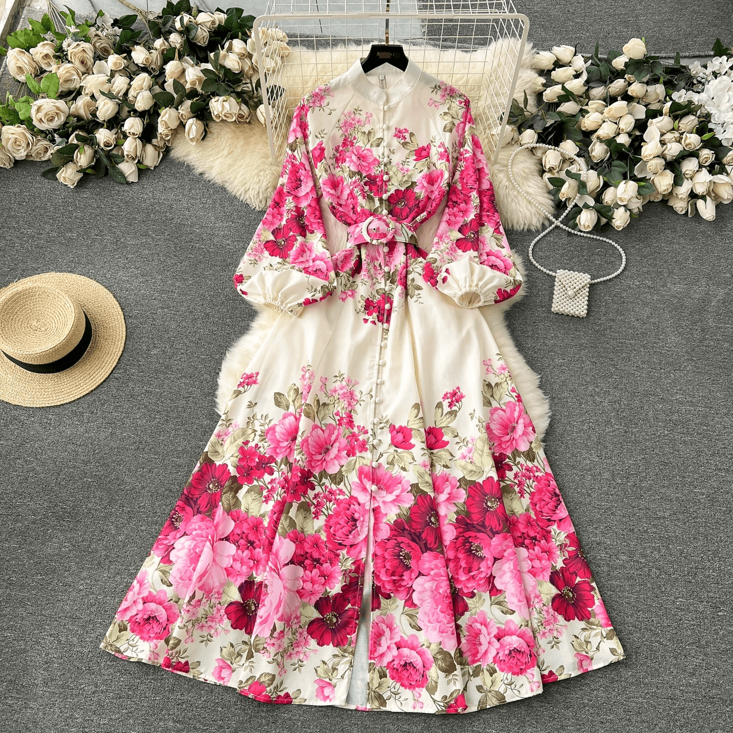 Cross Border Flower Series Spring Dress 2024 New Style High End Printing Slim Fit Long French Puff Sleeve Temperament Dress