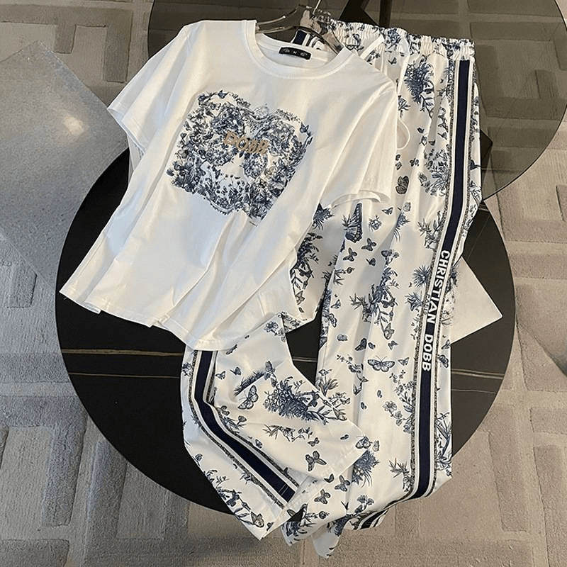 Women's Clothing Fashionable Street Casual Fashion Suit Summer New Loose White Short Sleeved T Shirt Wide Leg Pants Two Piece Suit