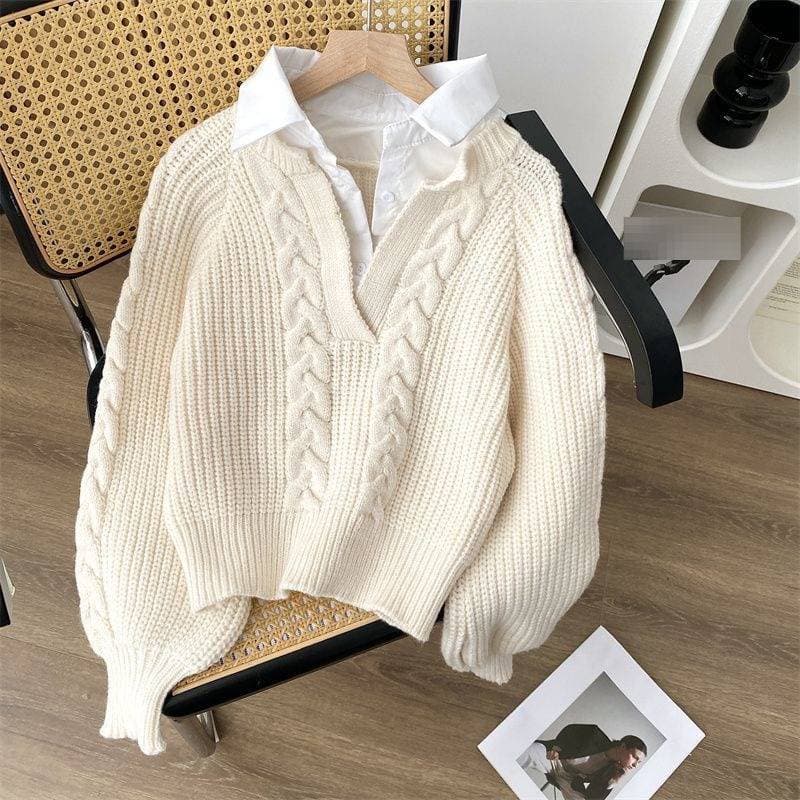 Japanese-Inspired Knit Sweater With Polo Collar & Cable Stitch - Oversized Layered Look, Retro Loose Fit For Women (S-2XL, Neutral & Bold Colors)