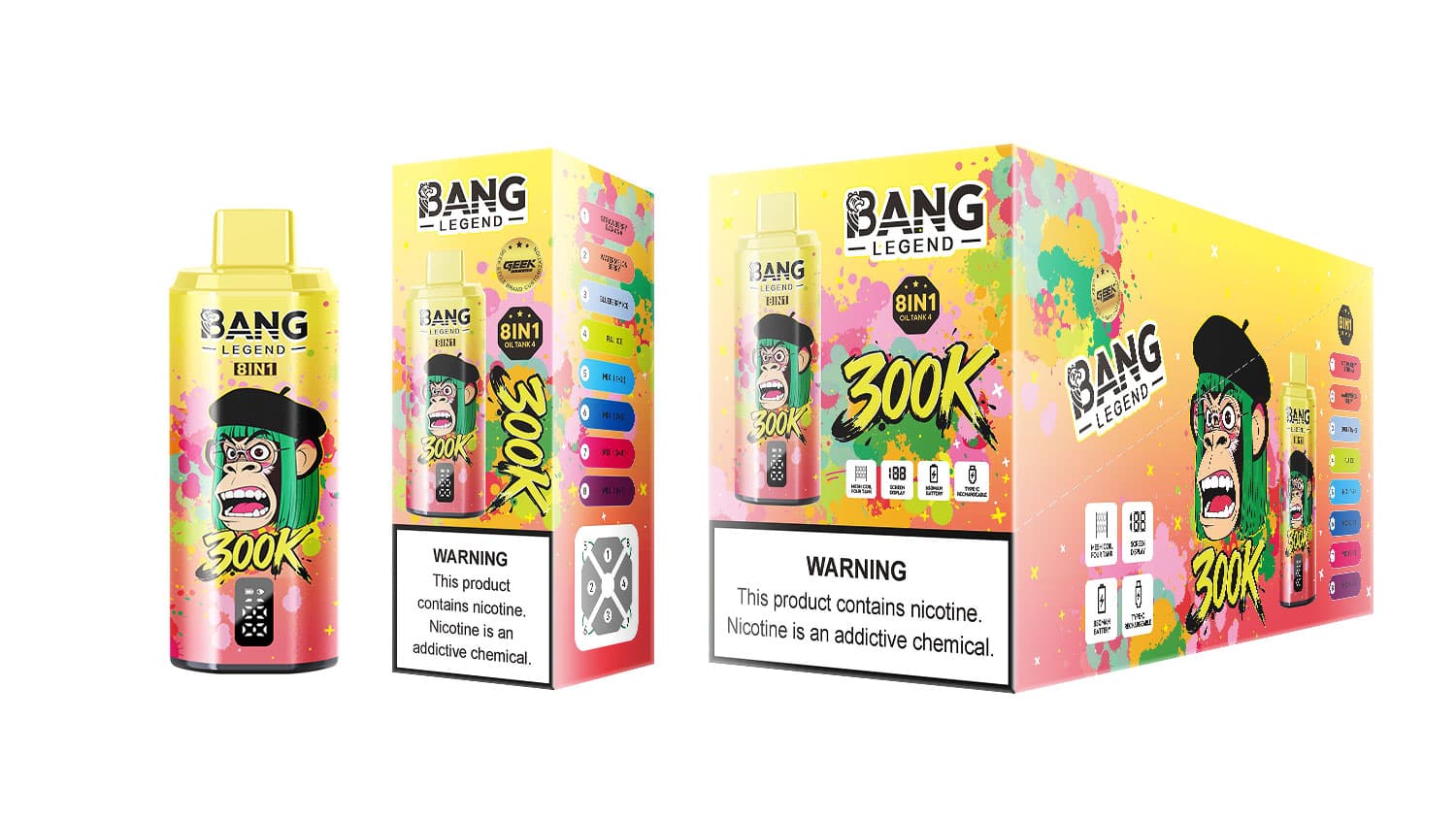 Bang Legend 300K 8 en 1 Vape jetable à huile de chicha, réservoir, 4 grands écrans numériques de comptage des bouffées, charge rapide USB-C, bat