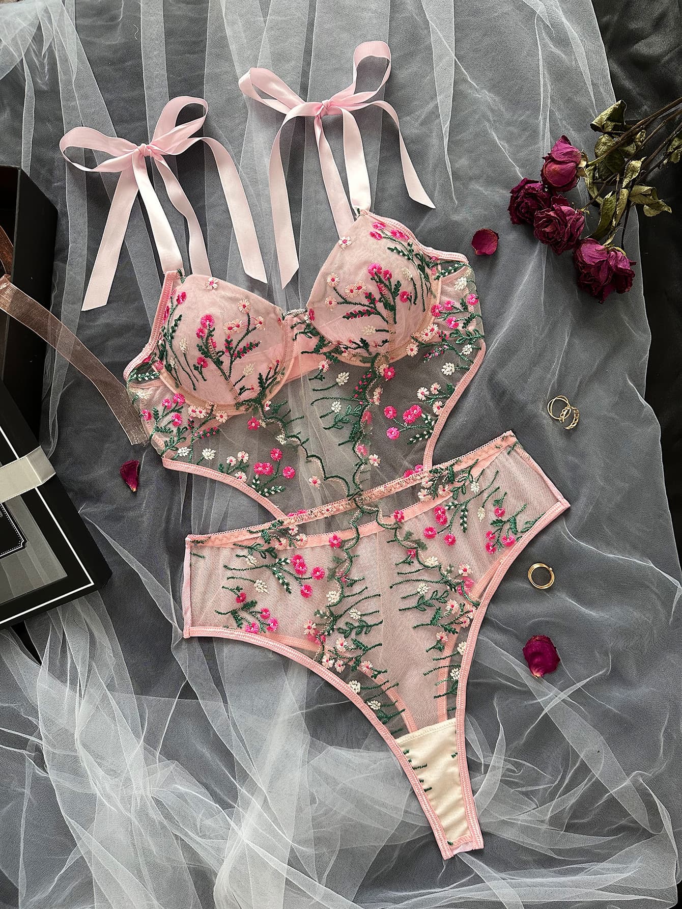 Women's clothing hot-selling French floral embroidery ultra-thin see-through mesh sexy one-piece fun suit