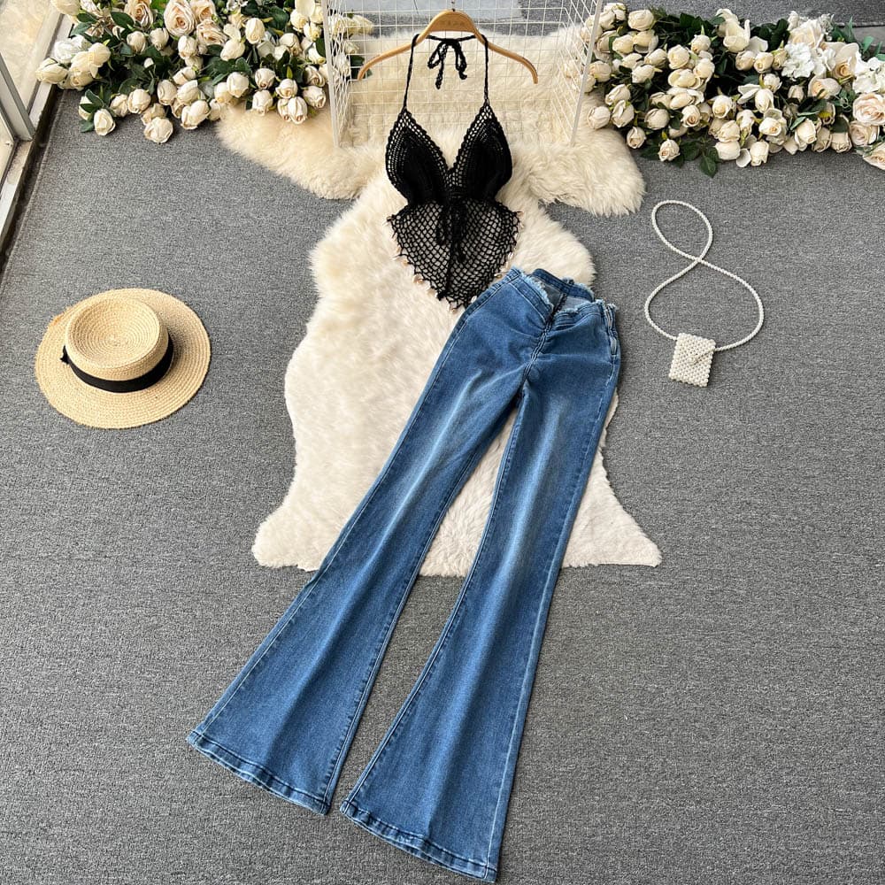 Women's Spring And Summer Irregular Fishnet Hollow Halter Neck Tube Top + Raw Edge High Waist Flared Jeans Two-piece Suit