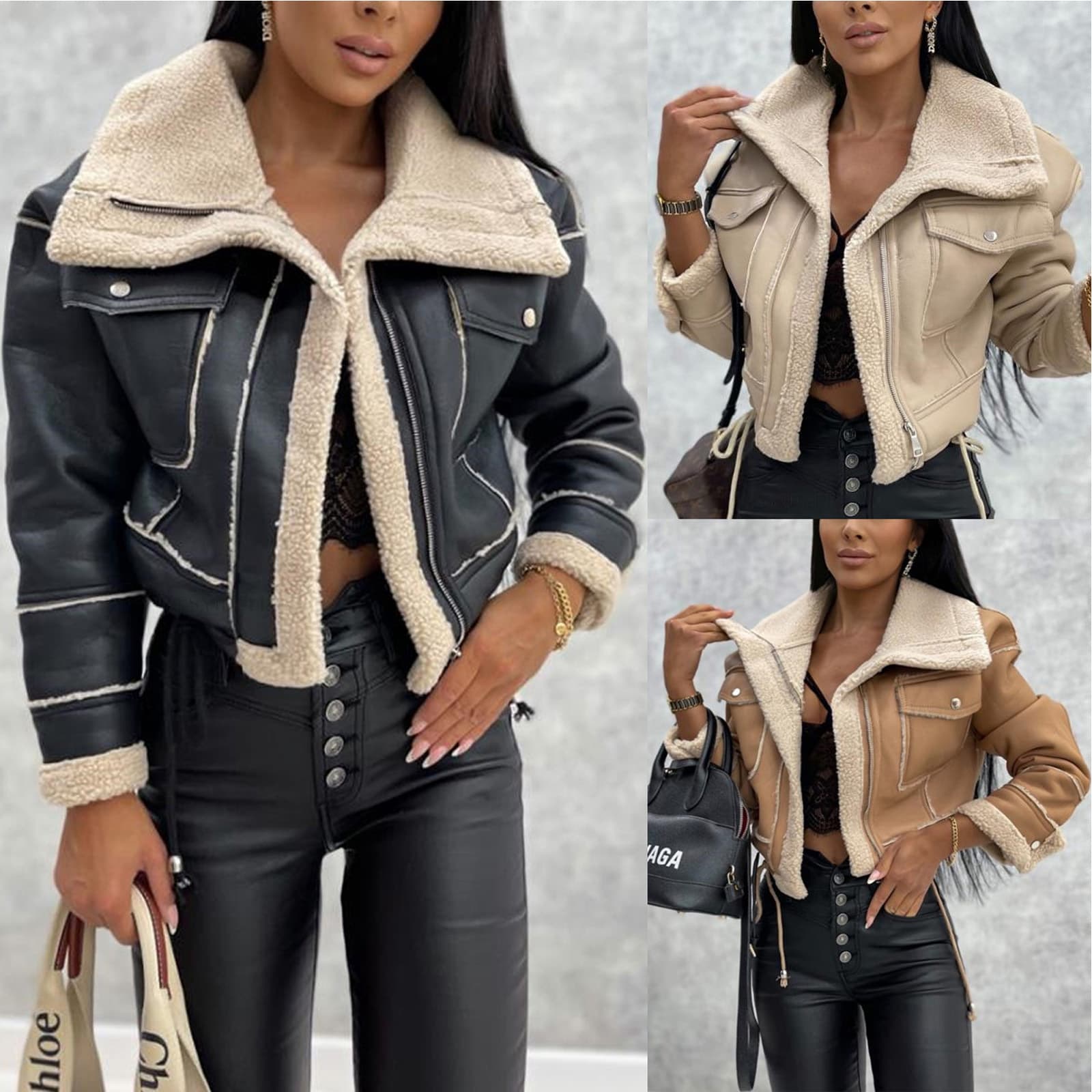 Women's Clothing Coat Lamb Wool Short Coat Zipper Motorcycle Style Jacket Top Women