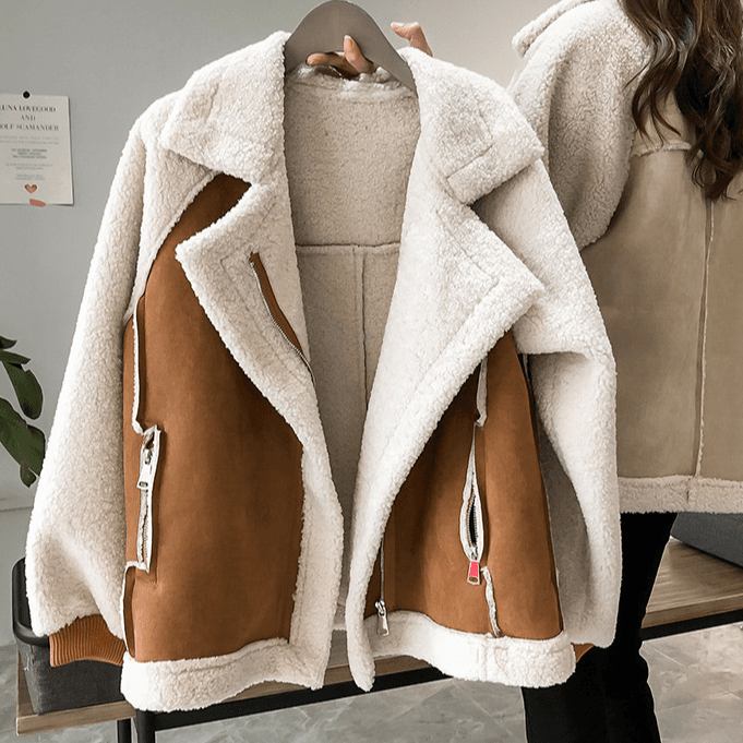Women's new winter loose fur one-piece suede jacket women's short sherpa motorcycle jacket