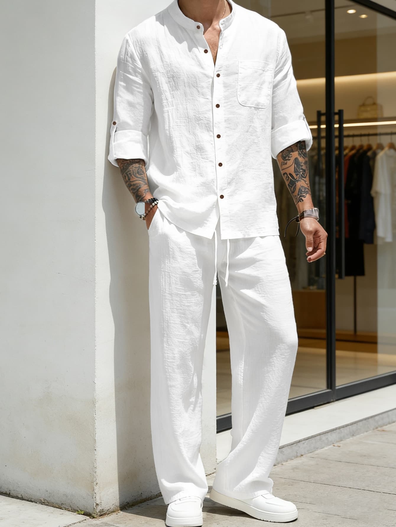 2026 Men's Fashion Shirt Long-Sleeved Retro Standing Collar Summer, Autumn, And Winter Linen Youth Long-Sleeved Pants Set