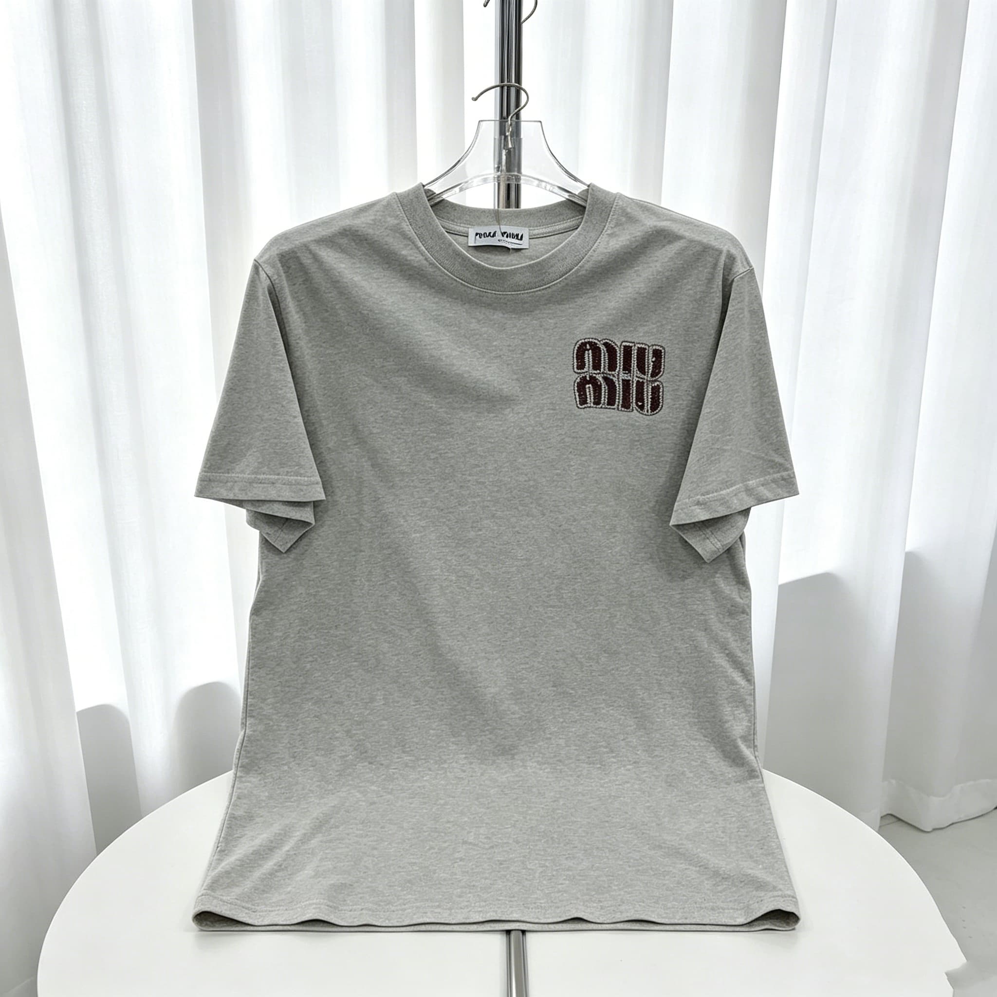 Chemise à manches courtes en pur coton pour femme MIU, haut de haute qualité, logo réfléchissant en strass