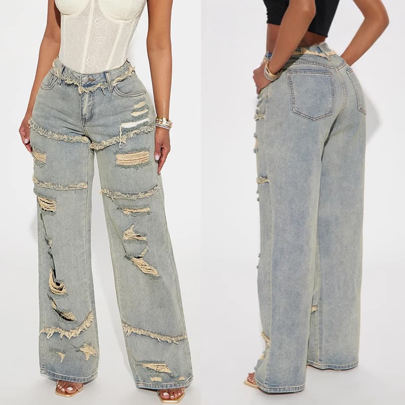 Women's Clothing Distressed Washed Wide-Leg Jeans For Women - High Waisted Vintage Denim Pants With Ripped Details (Khaki, S-XXL)​