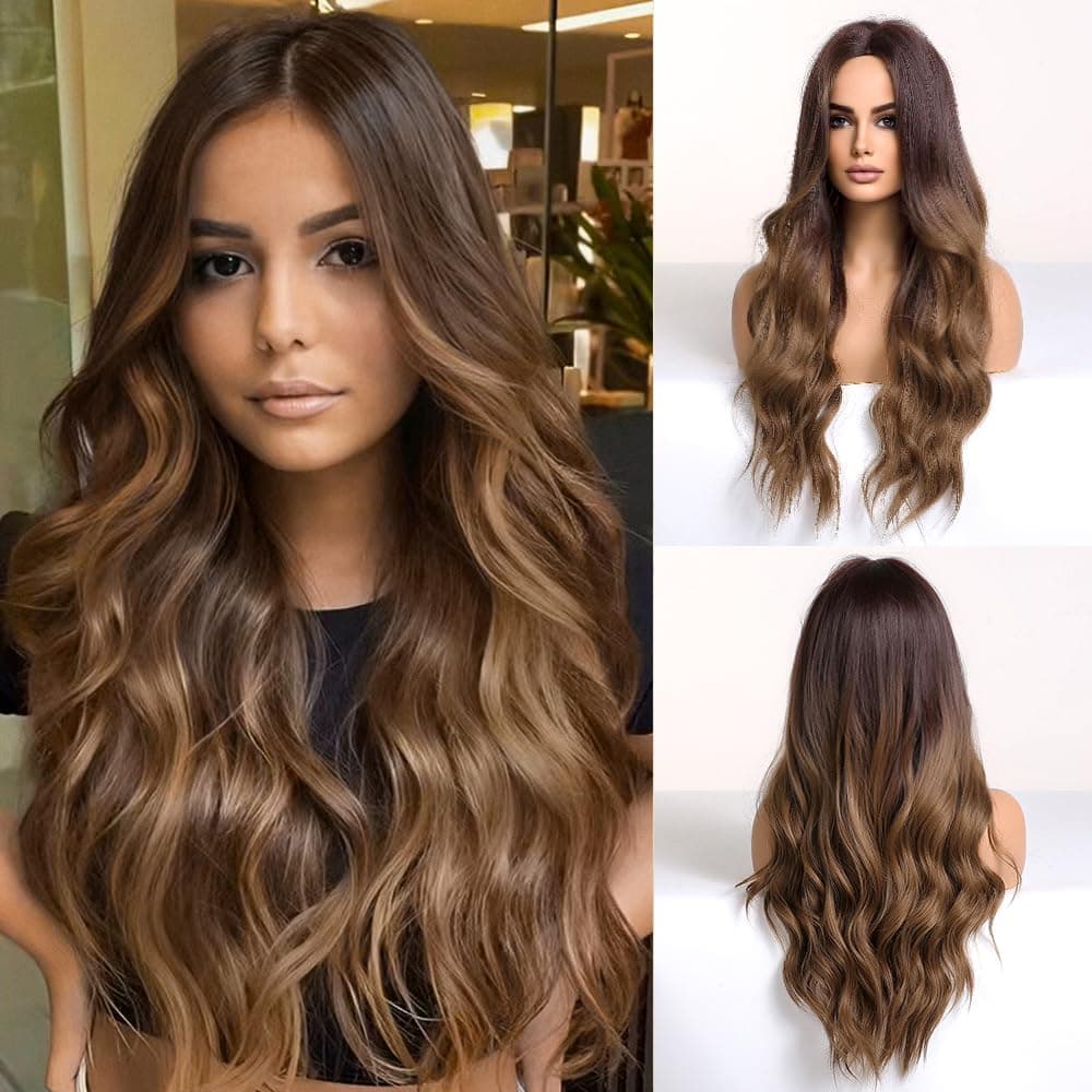 Haoland Wave Women's Long Curly Brown Golden Natural Black Hair Middle Part Heat Resistant Synthetic 26 inch Wig