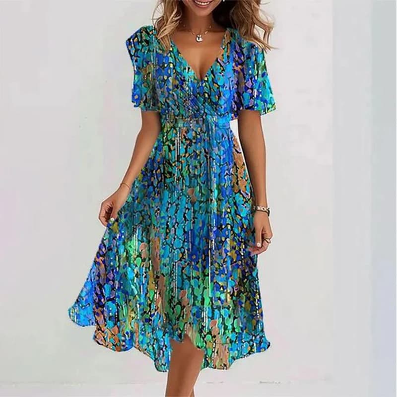 Women's Loose Casual V Neck Floral Print Dress Comfortable