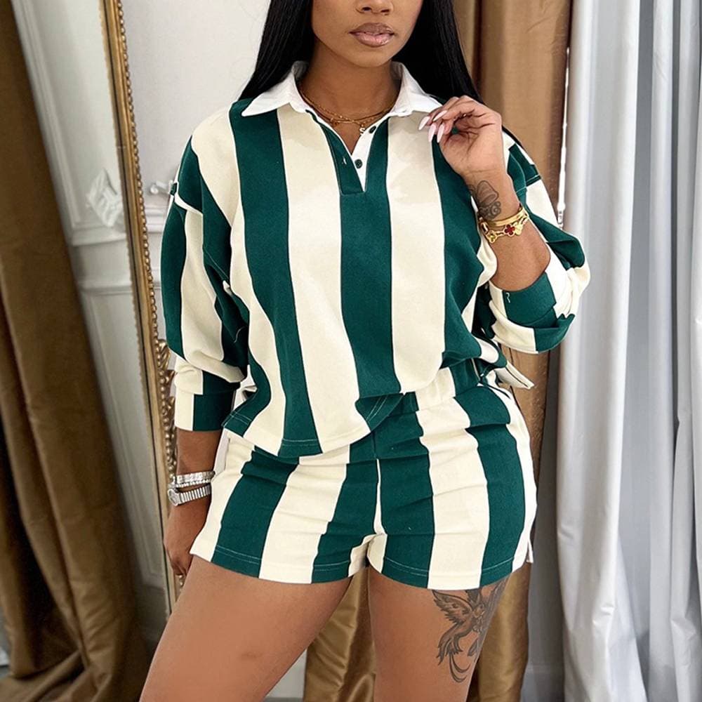 Women's Clothing Spring And Summer New Sports Leisure Fashion Striped Lapel Top High Waist Shorts Suit