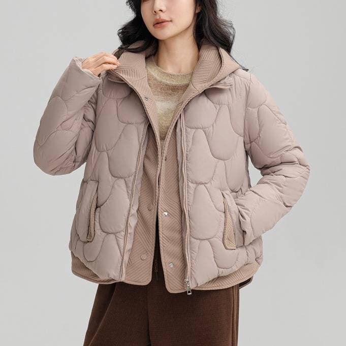 Women's Short Puffer Jacket With Hood - Stylish Two-Tone Layered Winter Coat, Loose Fit, Warm Fleece Lined, Casual Outerwear For Petite To Plus Size