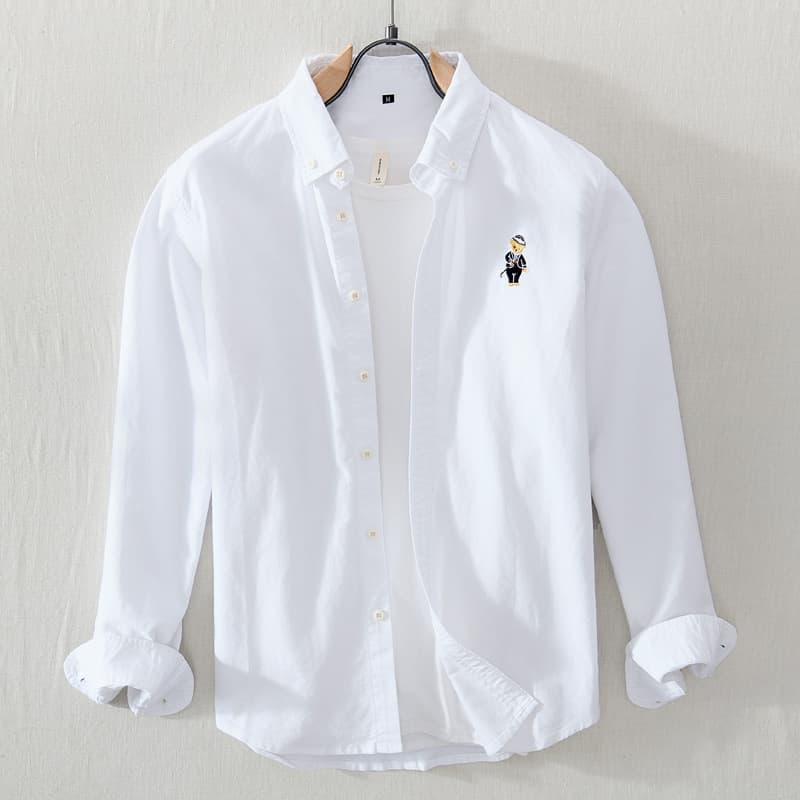 Men's Clothing Cotton Japanese Retro Embroidered Bear Casual Shirt Men's Spring Loose Large Size Hong Kong Style Long Sleeve