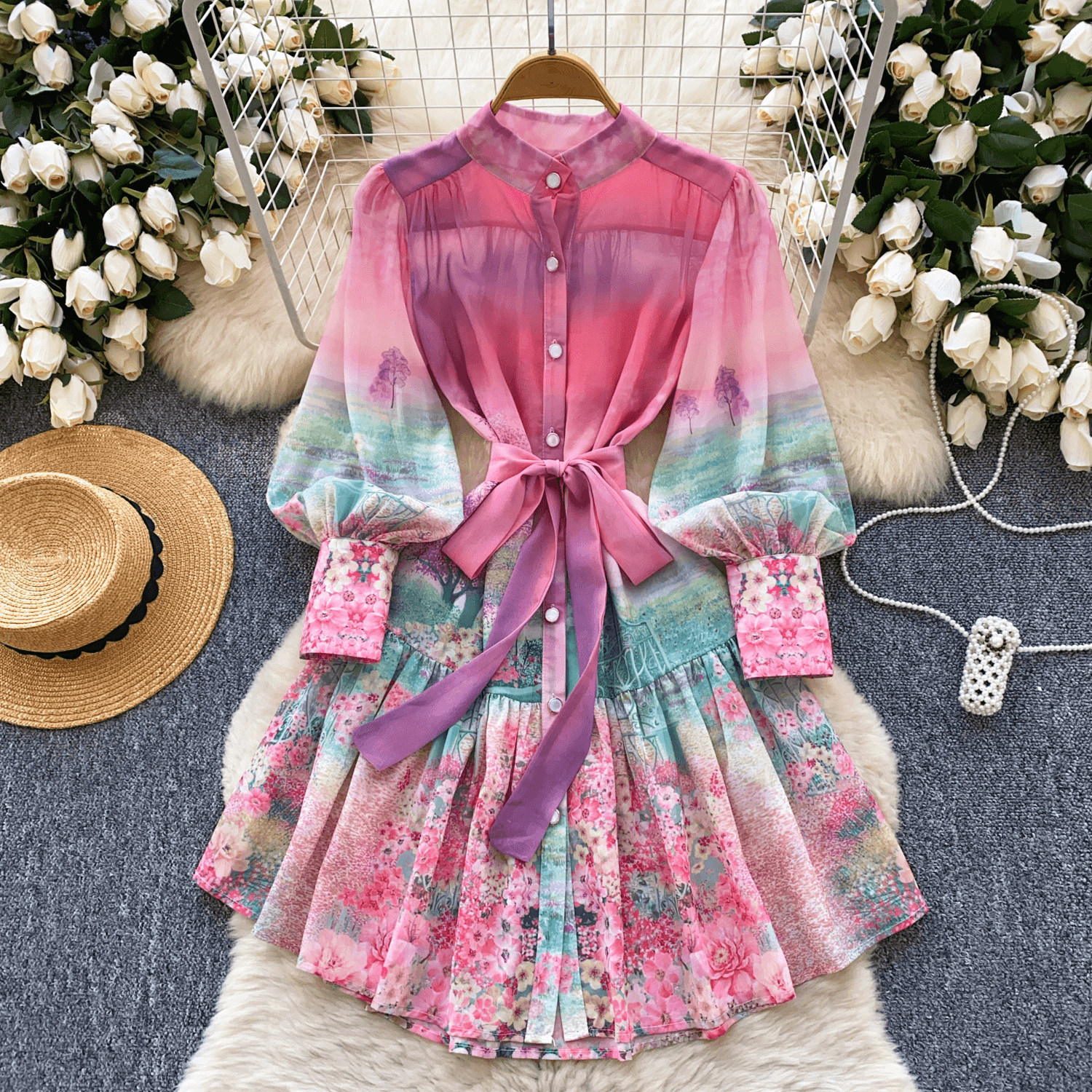 Women's Clothing New Style Skirt European And American Elegant Stand Collar Lantern Sleeve Waist Printed Ruffle Short Skirt