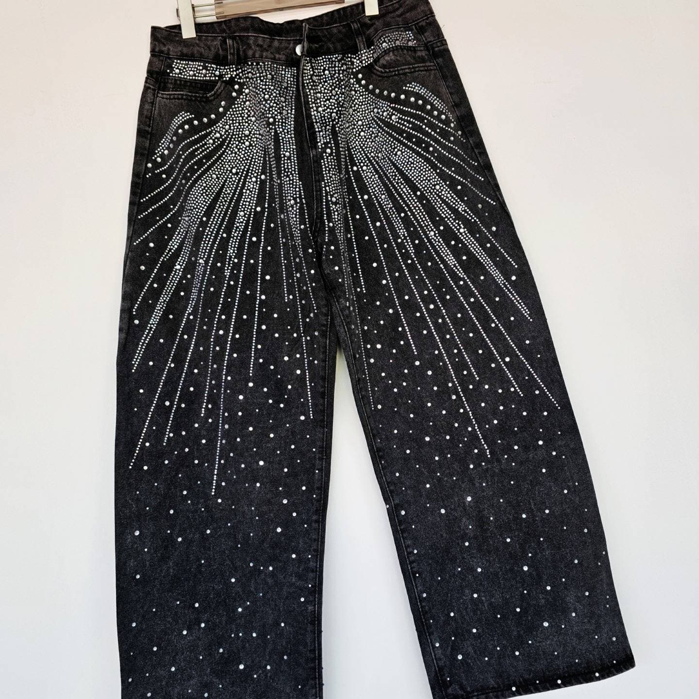 ​​Heavy Embellished Jeans – Rhinestone-Studded Straight-Leg Pants With Distressed Wash & American Streetwear Vibe (Black-Grey, S-Xxxl)​​
