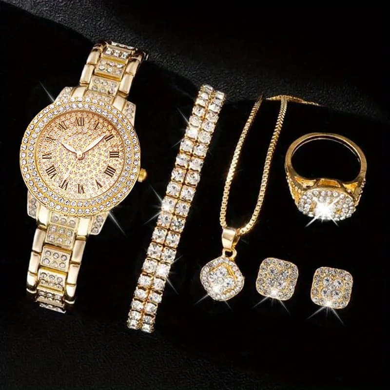 Elegant 5-Piece Women's Watch Set With Rhinestones - Fashion Roman Numerals Quartz Watch Collection For Ladies (Silver/Gold/Rose Gold)​