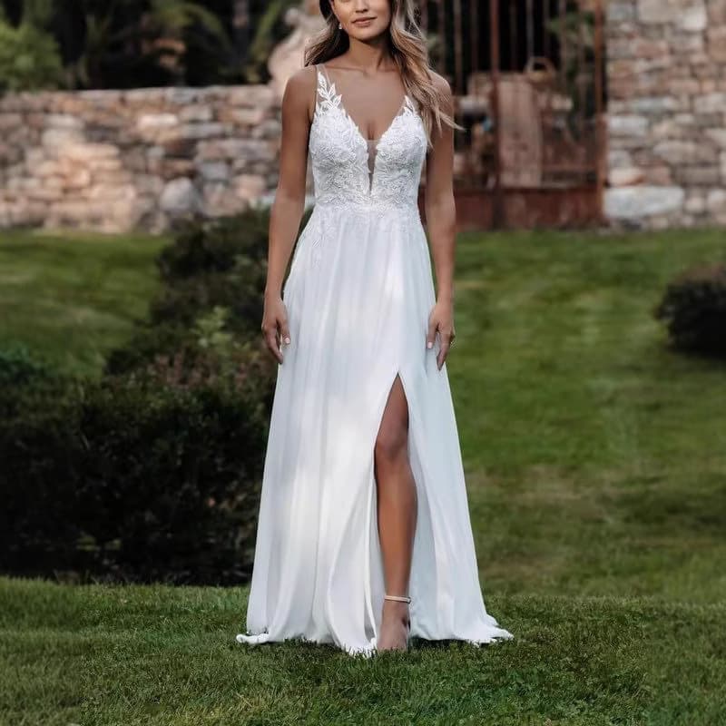 Women's Clothing Slit Wedding Dress New Bride Beach Light Wedding Dress Super Fairy Perspective Deep V Neck Sexy Trailing Slim Wedding Dress