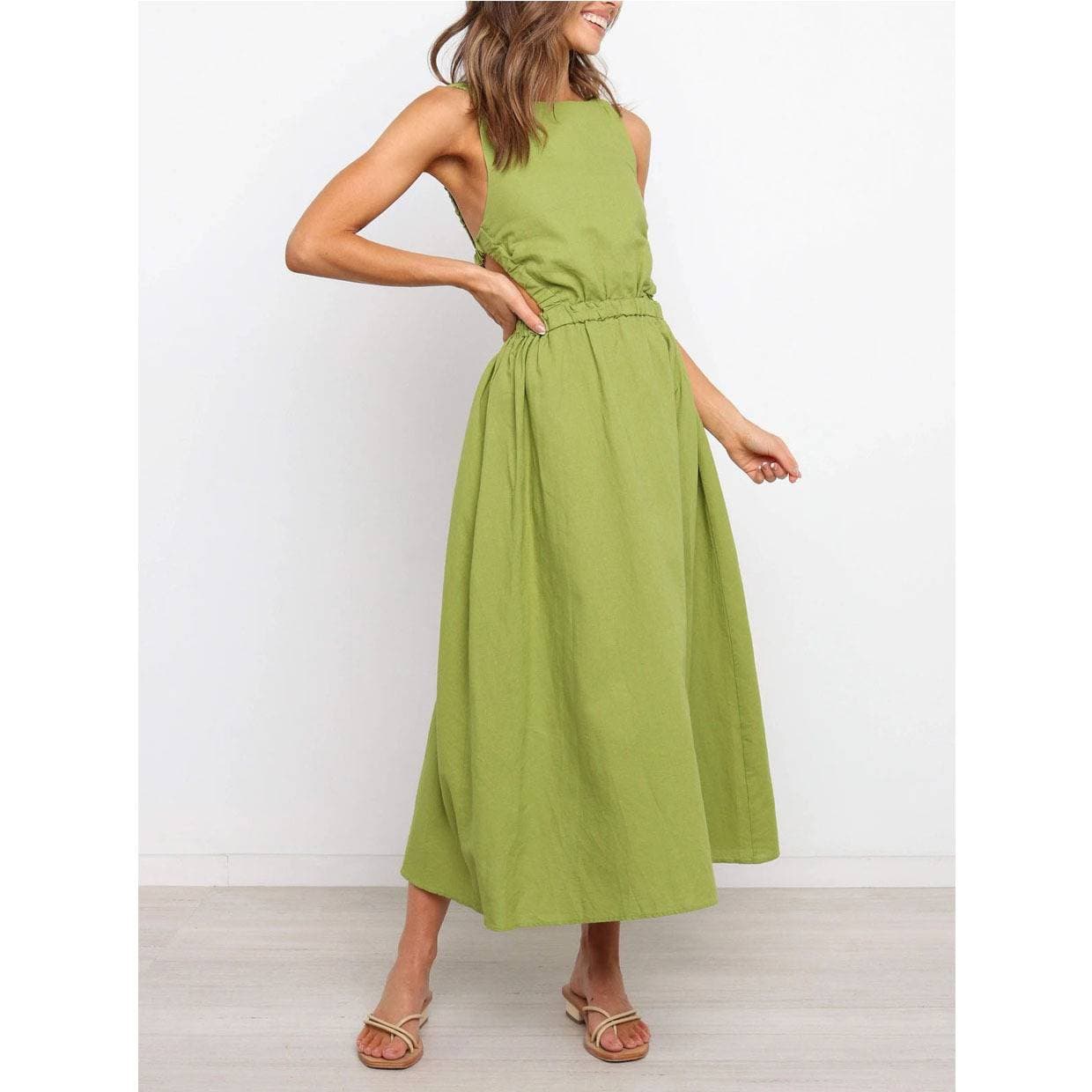 Women's Backless Hollow-Out Dress – Elegant High-Waisted Maxi Dress For Office & Date Night, Cotton-Linen Blend (Green)​