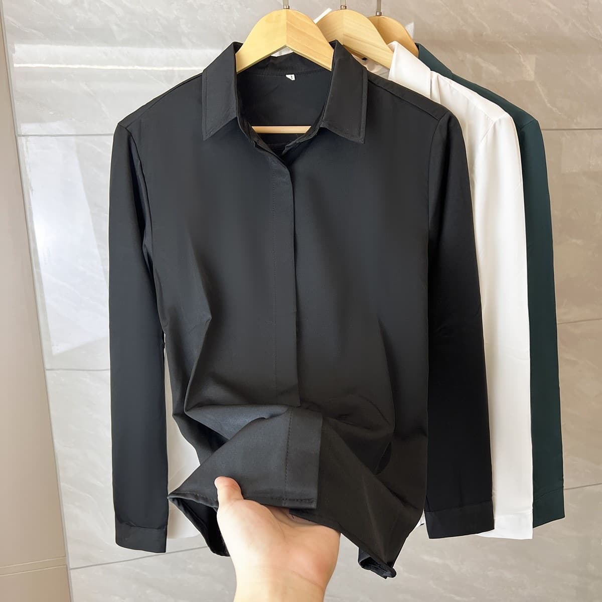 Men's Stylish Hidden Button Black Shirt - Slim Fit Lightweight Long Sleeve Casual Shirt With Smooth Drape Fabric