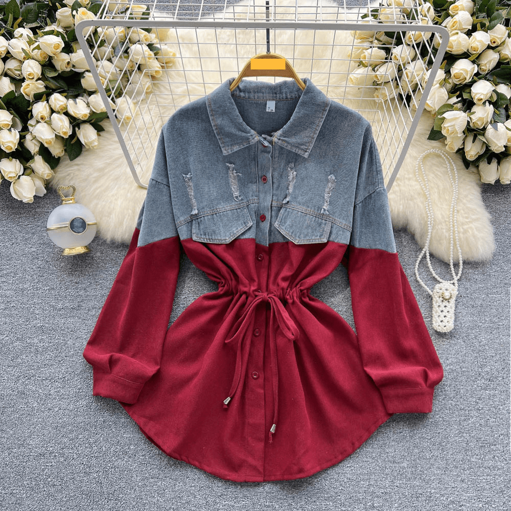 Women's light mature style long-sleeved dress summer women's high-end denim stitching contrasting waist style tops and short skirts