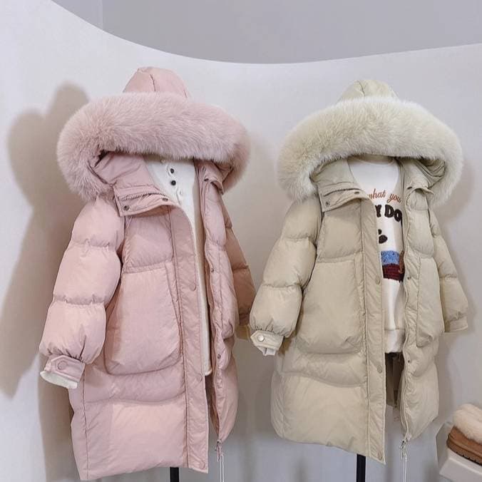 Trendy Long-Length Padded Coat For Girls – Winter-Ready Hooded Jacket With Faux Fur Trim (Ages 8+, 120-170cm, Pink/Yellow-Green)