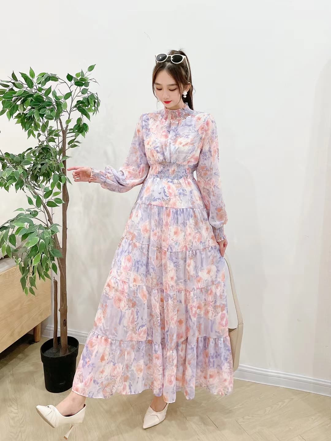 Elegant Floral Print Chiffon Maxi Dress With High Waist & Puff Sleeves – Vintage French Style A-Line Dress For Women