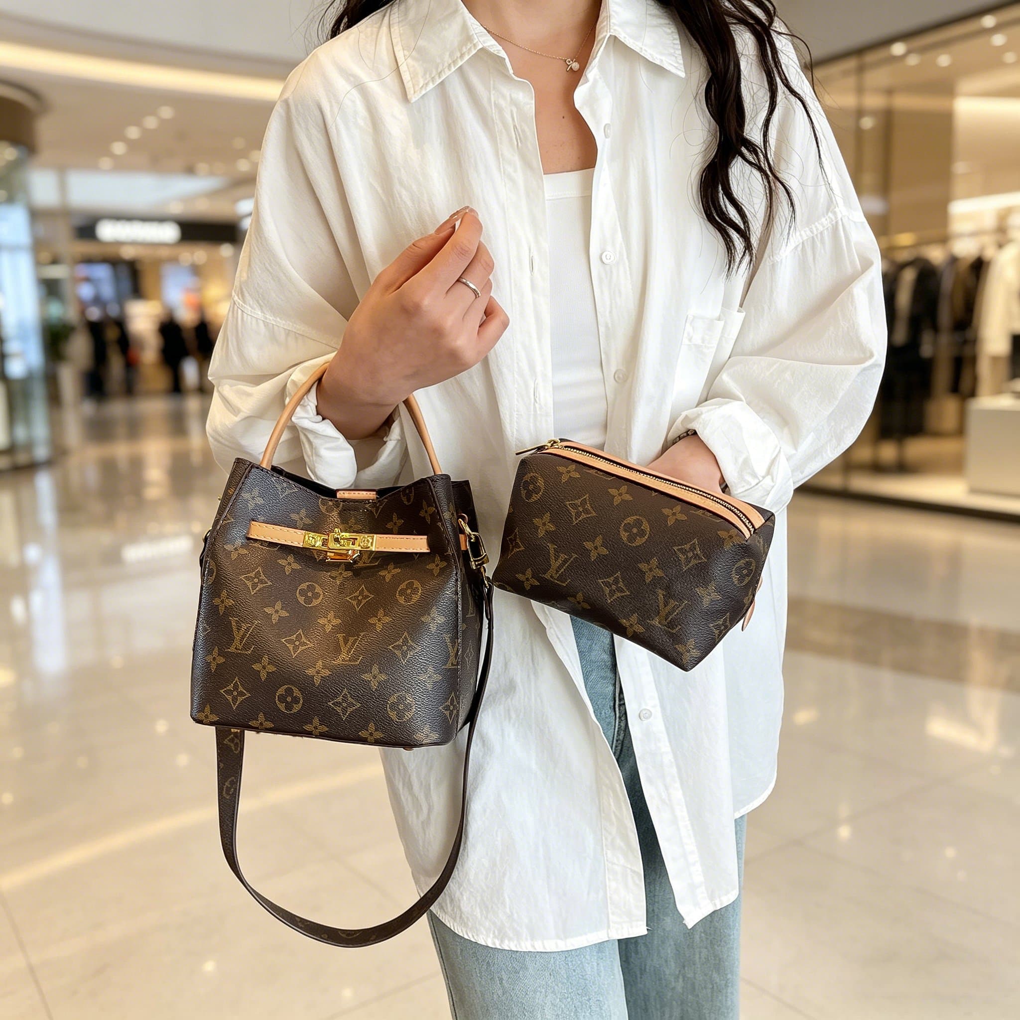 Sac bandoulière mini seau pour femme, monogramme vintage, fermoir renforcé, cuir résistant, avec pochette amovible et 2 bandoulières détachables