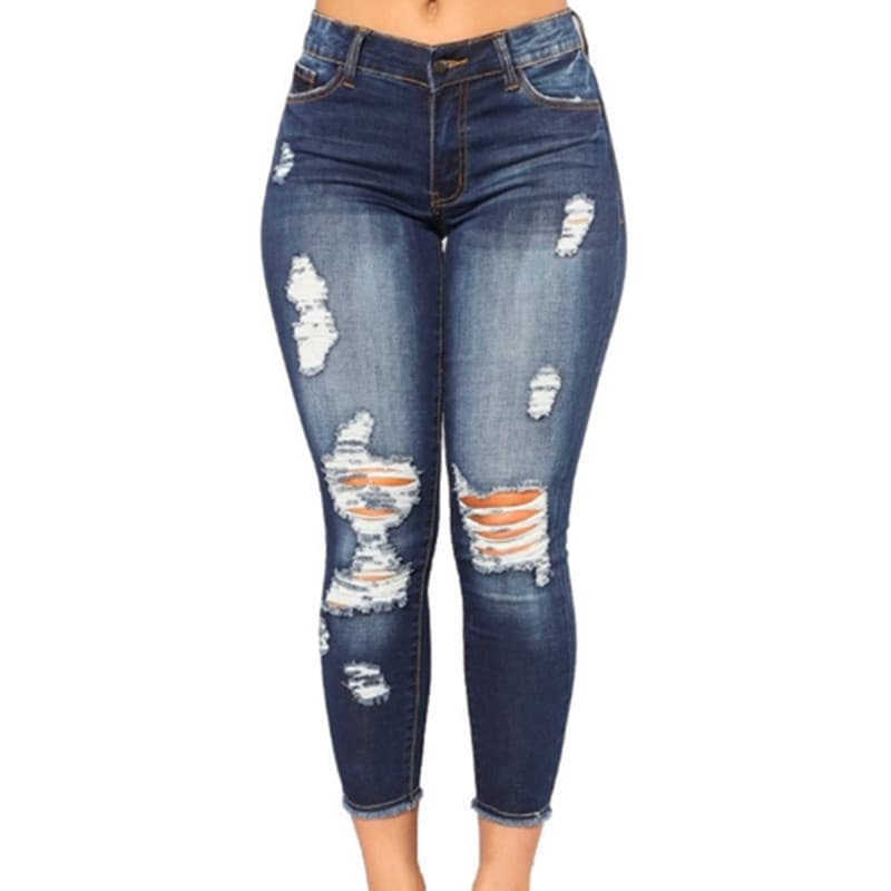 Ripped High-Waisted Skinny Jeans For Women – Stretch Denim Cropped Pants With Distressed Details (Dark Blue/Light Blue, S-3XL)