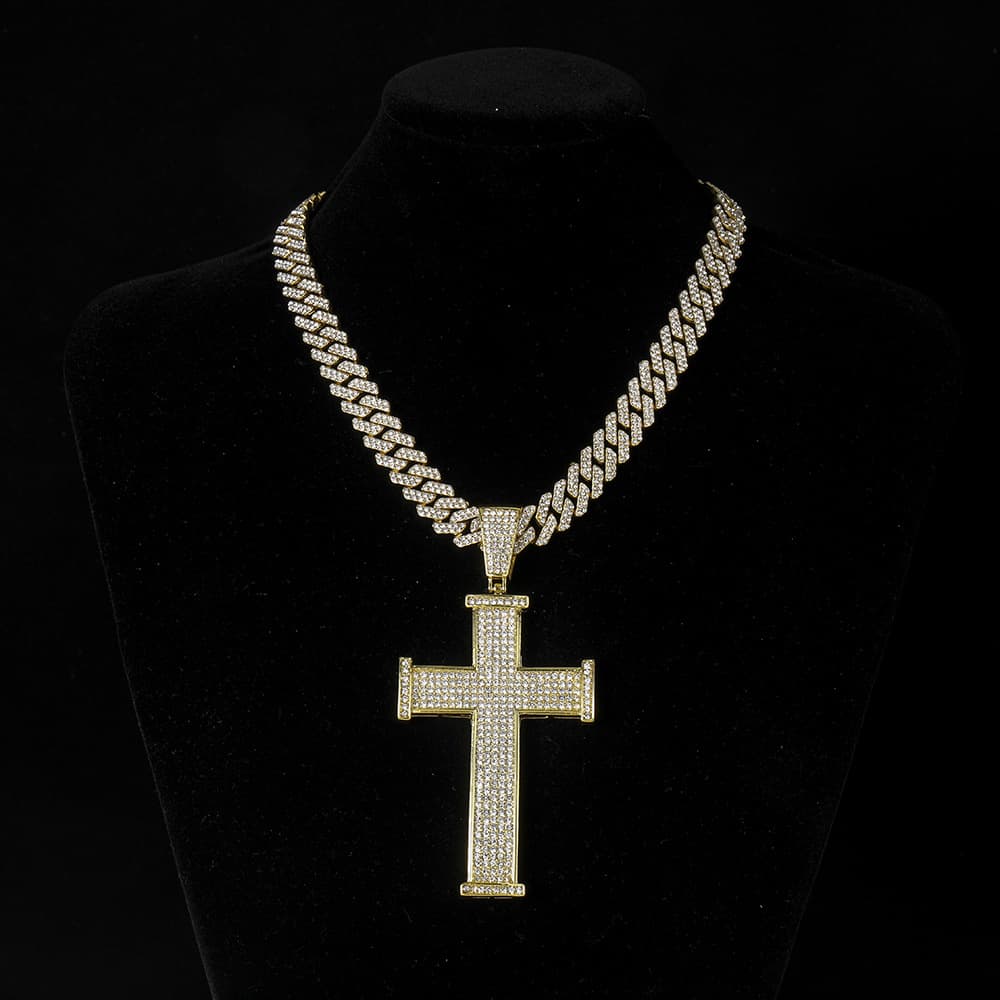 Cross full diamond pendant personality alloy Cuban chain niche street style hip hop necklace