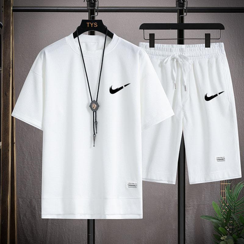 Gaufre T-shirt hommes deux pièces ensemble Couple ample mode grande taille 5/4 pantalon extérieur décontracté