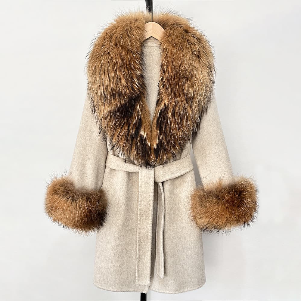 Manteau long en laine et cachemire pour femme avec col en fourrure de renard véritable – Trench-coat d'hiver double face, coupe slim avec ceinture, élégant pardessus (P/M)