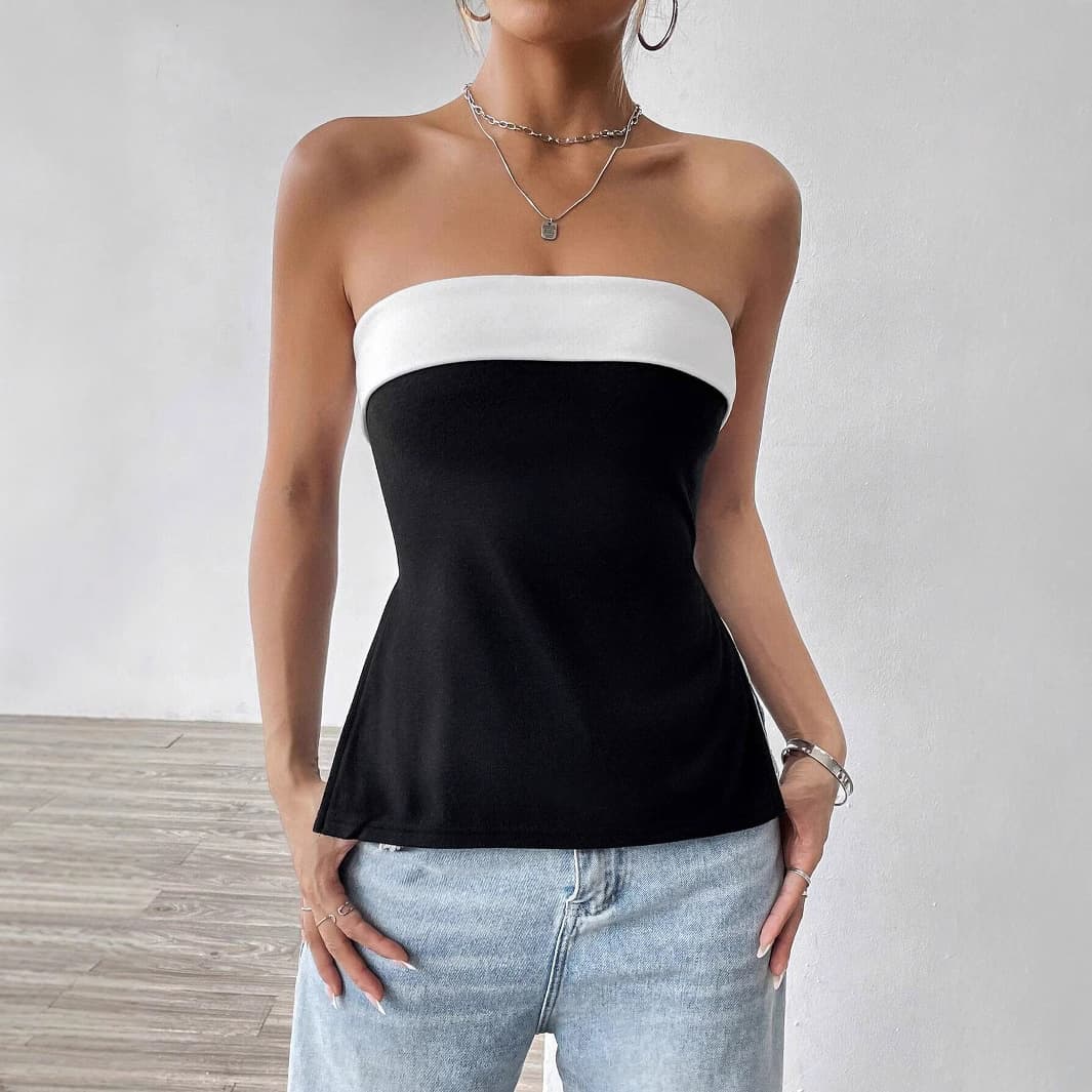 Women's Clothing Black And White Contrast Color Tube Top Elegant Temperament Commuting One Shoulder Tube Top