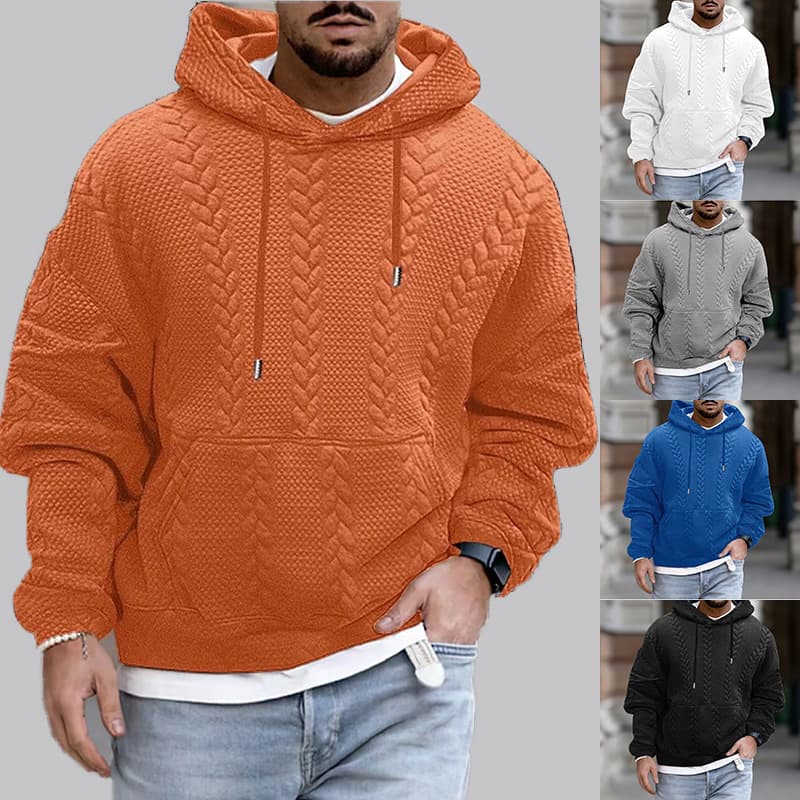 New Autumn Men's Large Size Casual Jacket Jacquard Hooded Solid Color Lace Long Sleeve Sweatshirt Men