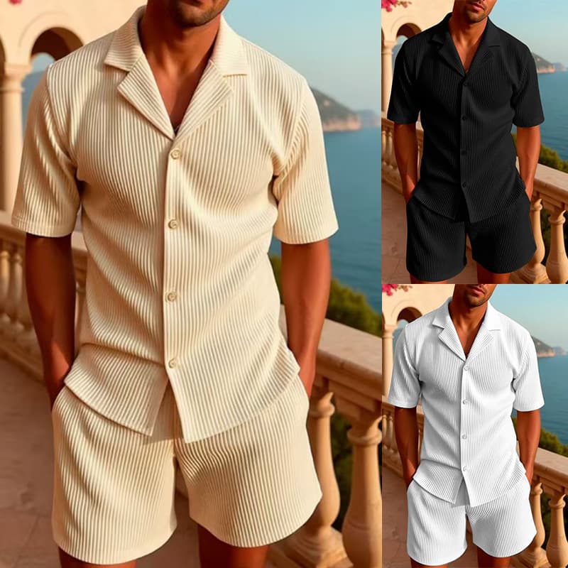 Men's Sports Suits Spring And Summer New Striped Lapel Short Sleeved Shorts Two Piece Suits