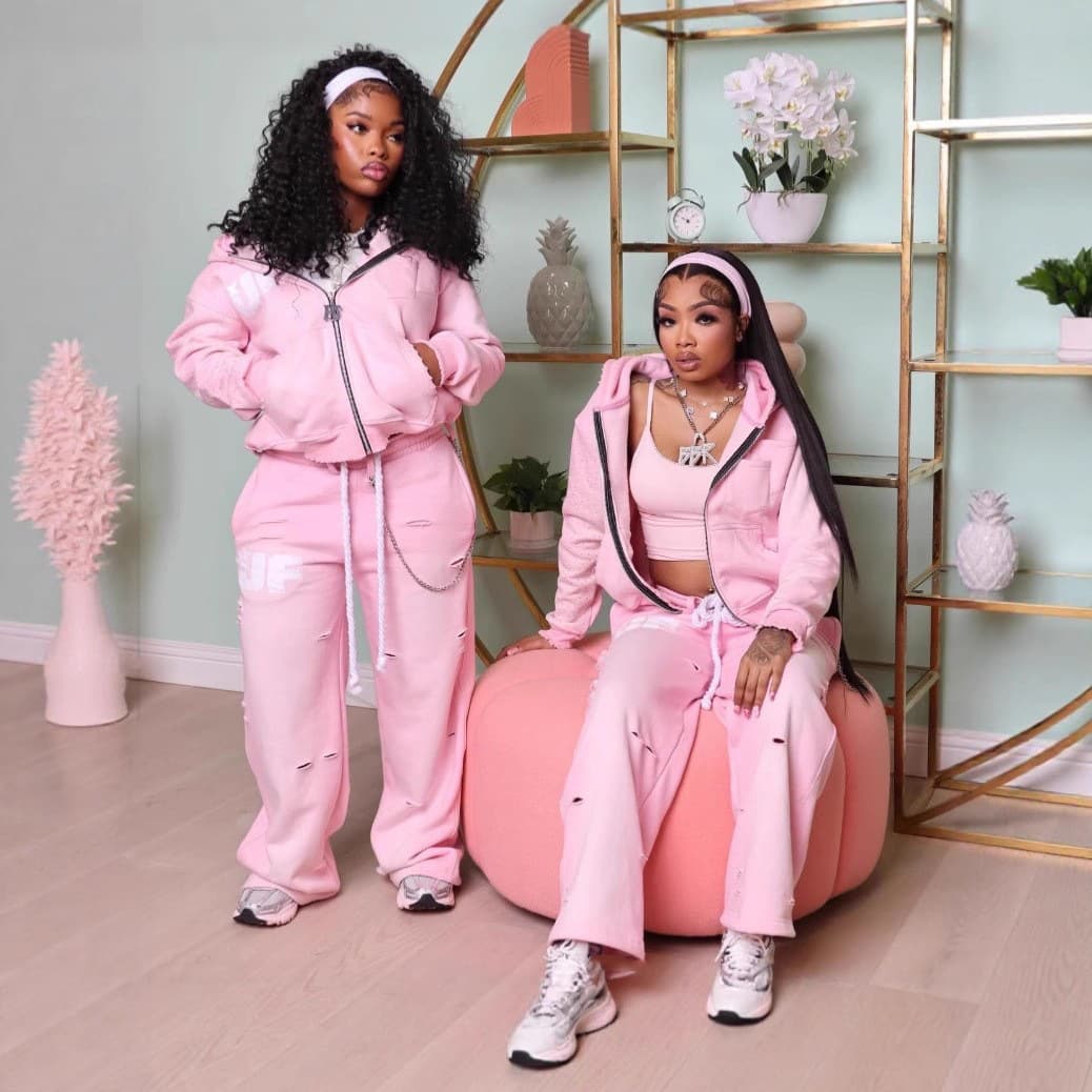 ​​"Streetwear Hoodie Set - Edgy Cut-Out Print Sweatsuit For Women, Oversized Pullover & Joggers, Pink Sporty Two-Piece Outfit"​​