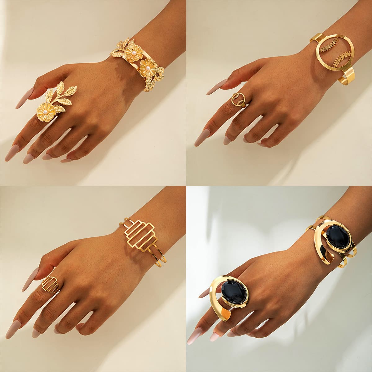 Geometric Metal Design Hollow Open Bracelet Ring Set European And American Fashion Retro Punk Style Cross-Border Jewelry