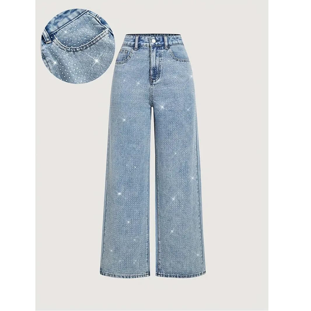 Trendy Straight-Leg Jeans – Stretch Denim With Rhinestone Embellishments (Sky Blue, XS-5XL, Casual & Chic)​