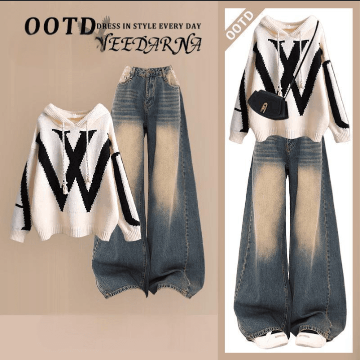 Women's Clothing new loose hooded knitted sweater with slim casual wide leg jeans two piece suit