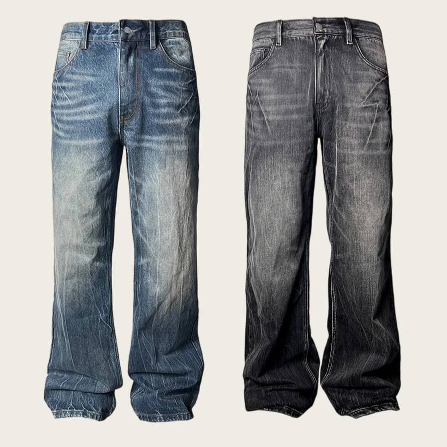 Men's Distressed Washed Straight Leg Bootcut Jeans - Vintage Denim Pants For Casual Wear (Black, Blue)