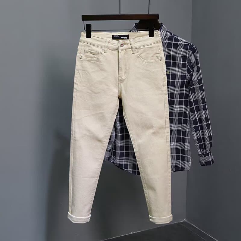 Men's Slim-Fit Cropped Chino Pants – Minimalist Stretch Khaki & Black Trousers (Skinny Taper, Versatile Styling,Casual Office Wear)