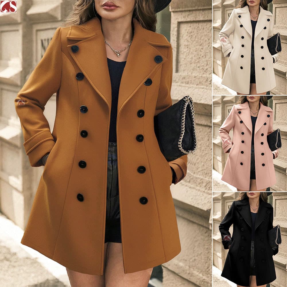 Women's Double-Breasted Wool Coat – Mid-Length Slim Fit Overcoat (Asa Apricot/Caramel/Light Pink/Black, S-XL)