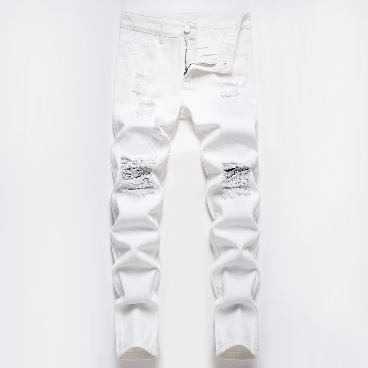 Mother Kids Boys Pure White Straight Leg Ripped Mid Waist Washed Cotton Casual Spot Pants