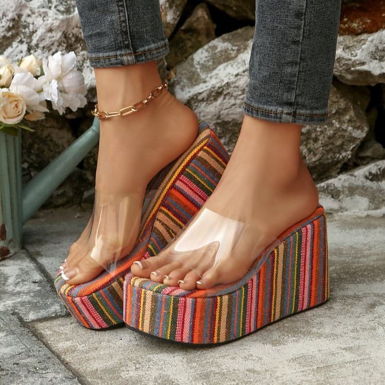 Chunky Platform Slide Sandals For Women – Comfortable Wedge Heel Summer Beach Sandals With Denim Upper Fabric Beach Sandals