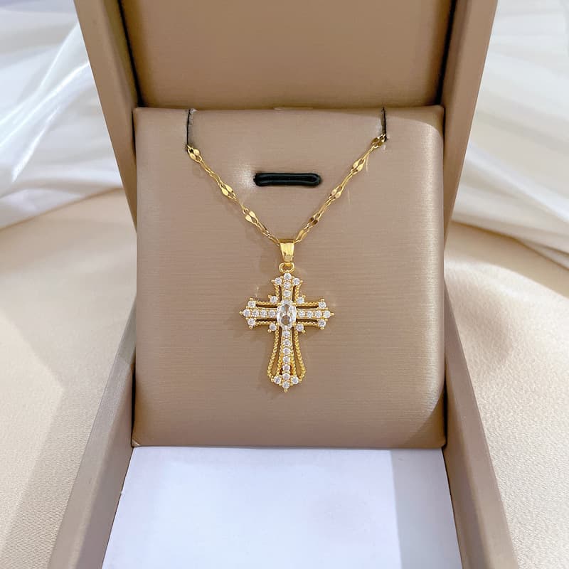 Fashion Zircon Cross Pendant Necklace For Women Man Gold Plated Stainless Steel Clavicle Chain Necklaces Trend Couple Jewelry