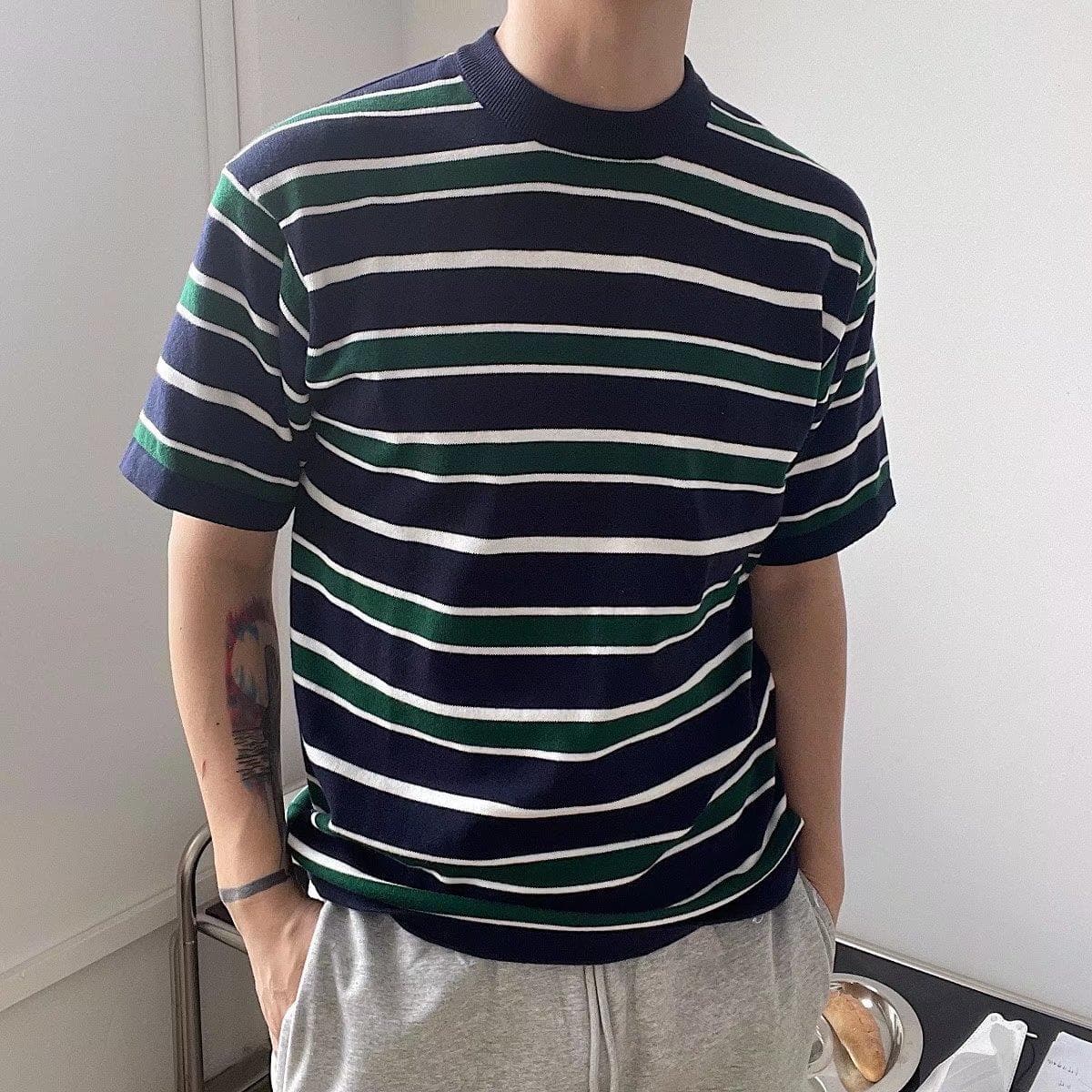 Men's Clothing Summer Short Sleeved T Shirt For Men Trendy Brand Round Neck Stripes Retro Casual Versatile Youth Half Sleeve