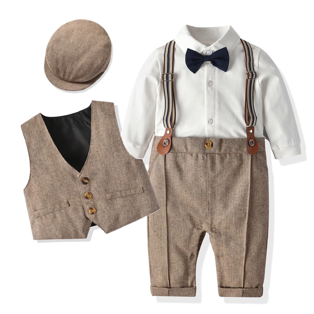 XUANMU Newborn Baby Boy Formal Suit Party Birthday Wedding Toddler Boys Outfit Jumpsuit+Waistcoat+Beret+Bowtie+Suspender 0-3 Z0132