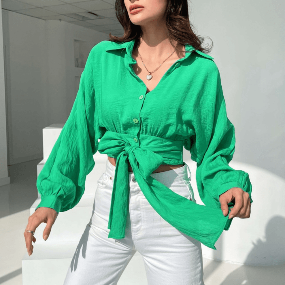 Women's Clothing lace up long sleeved cardigan spring and autumn navel exposed loose shirt bat long sleeves