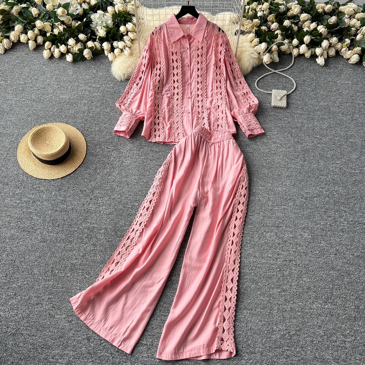 Women's Clothing Two Piece Suit For Women Autumn Fashion Hollow Lace Stitching 1 Long Sleeved Shirt High Waist Slim Wide Leg Pants