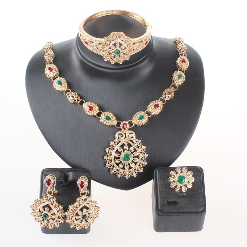 Classic Jewelry Sets Necklace Earrings Bangle Ring Set Gold Color Green Crystal Bridal Wedding Accessories For Women