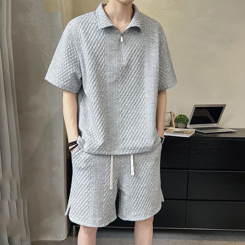 2024 Summer Men's Fashionable Loose Short-Sleeved Polo Shirt Half-Zip Sports Suit