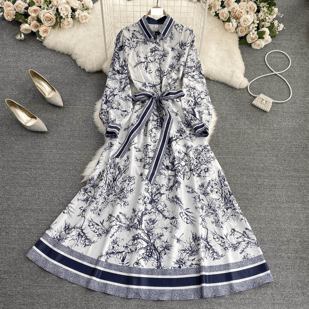 Women's clothing lapel waist slimming positioning print a-line dress high-end long skirt